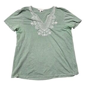 Lucky Brand Embroidered Green V Neck T-Shirt Womens Large L Top